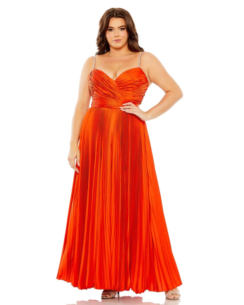 Front of a model wearing a size 12W Rhinestone Strapped Embellished Pleated Gown in Cayenne by Mac Duggal. | dia_product_style_image_id:290022